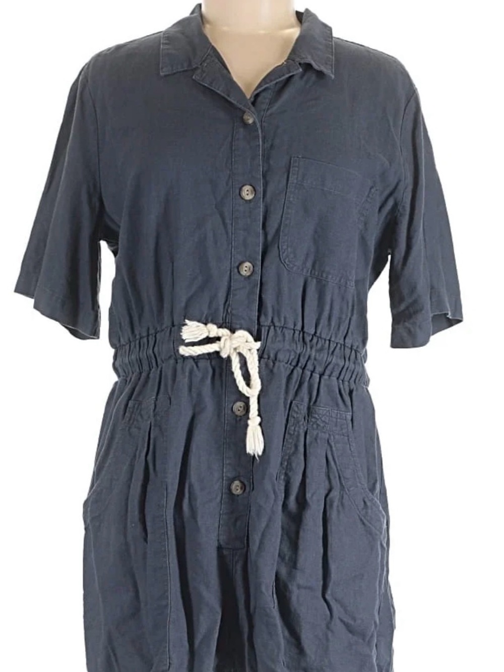 Universal Thread Navy Blue Short-Sleeve Button Front Romper with Drawstring